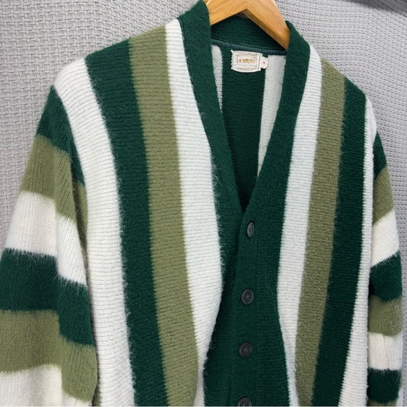 Vtg 60s Brent Montgomery Ward Cardigan Sweater Men S Green Striped Mohair Wool - Picture 4 of 10